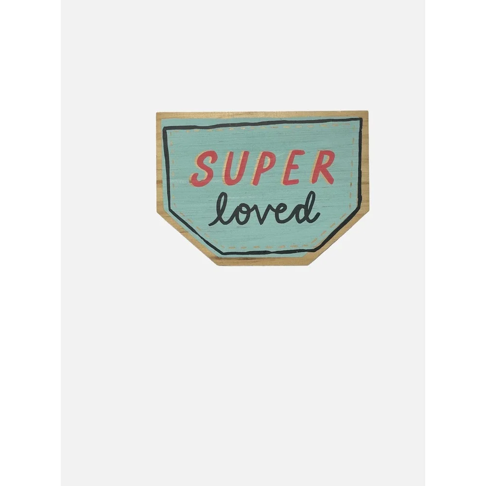 Here & There Wood Wall Sign Kids Small Blue Super Loved Pocket Plaque Decor